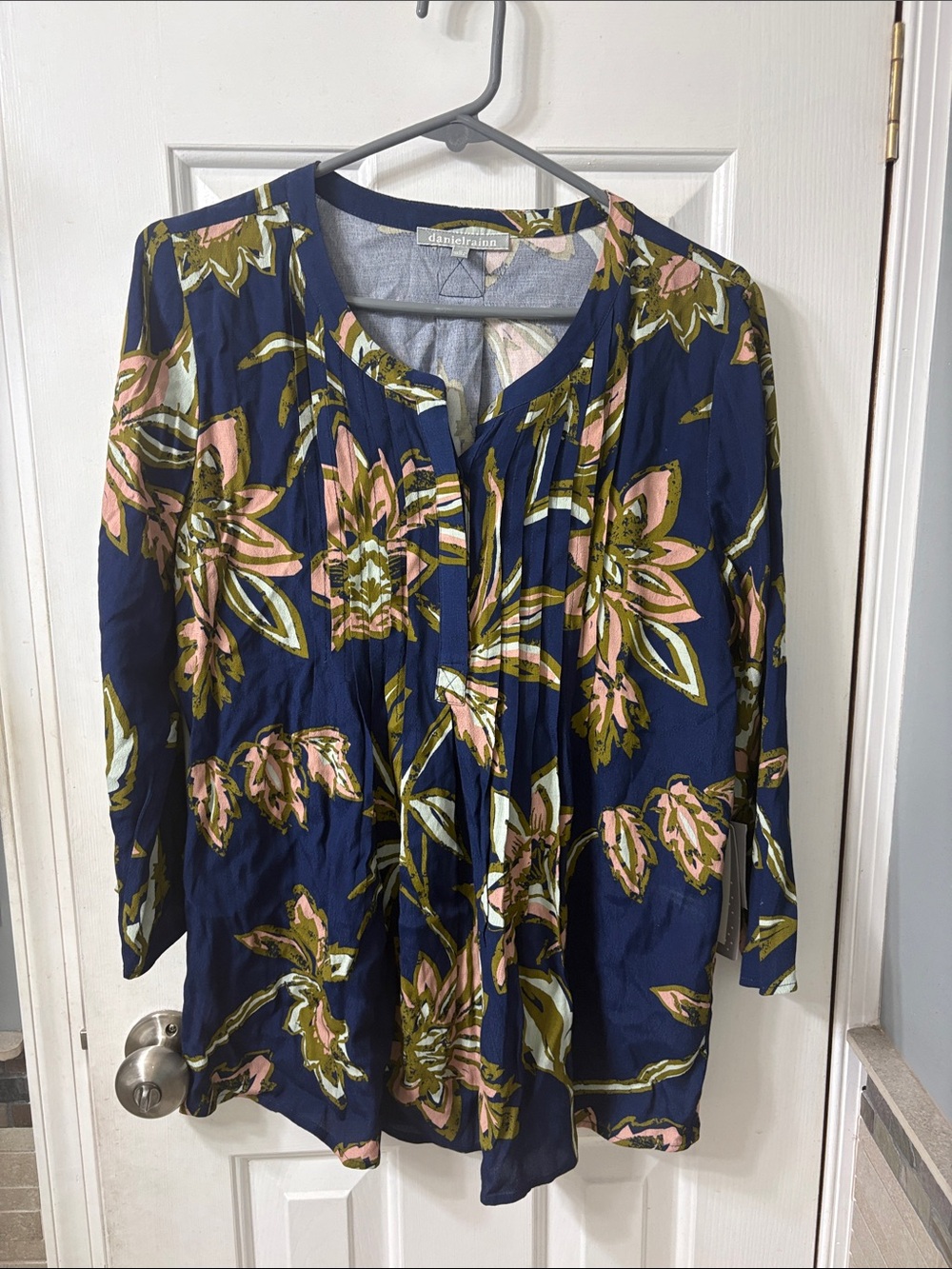 Daniel Rainn Navy Floral Pintuck Tunic - Pink & Olive Flowers